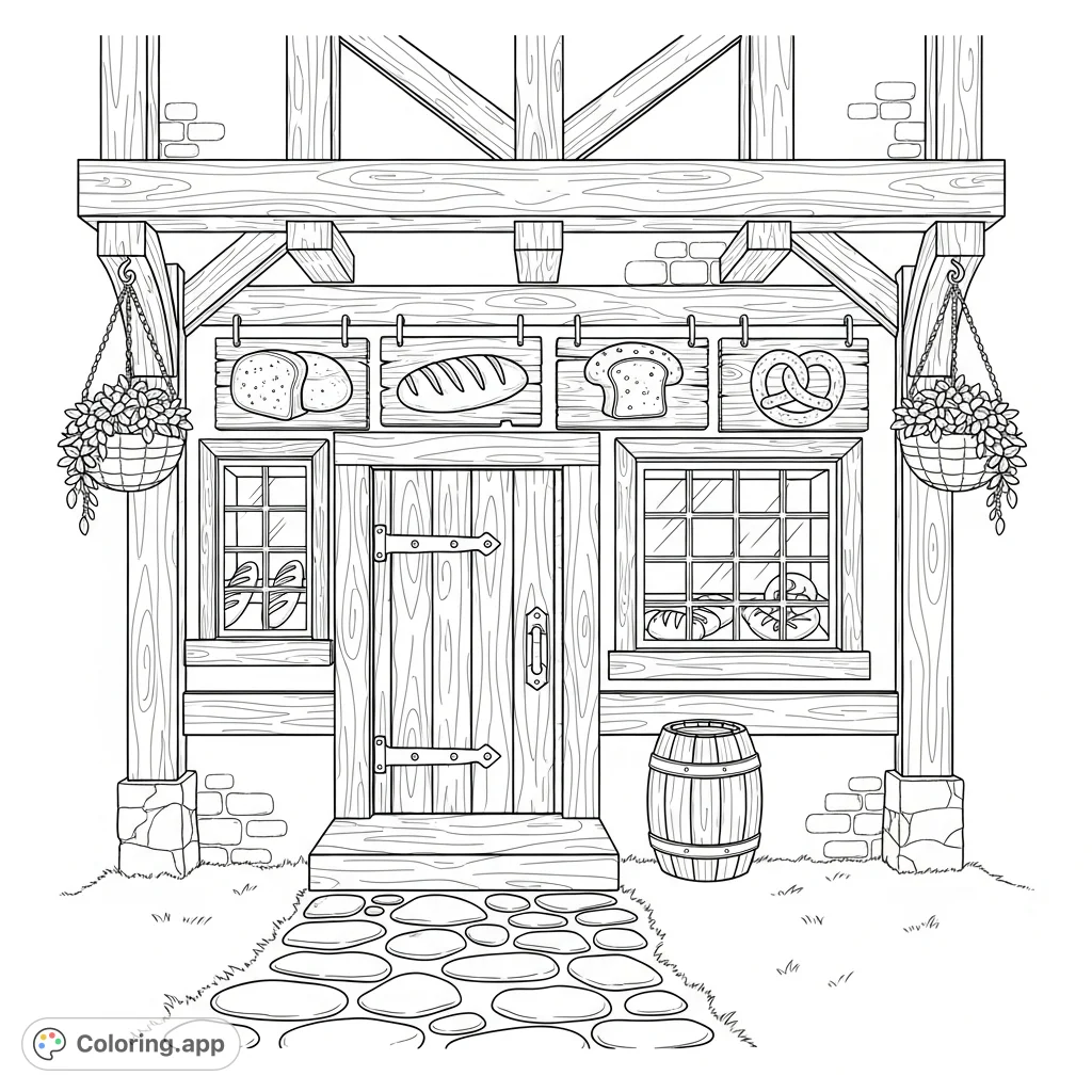 Step back in time to a charming medieval bakery. This coloring page features a detailed timber-frame storefront with bread signs, windows, and a welcoming door.