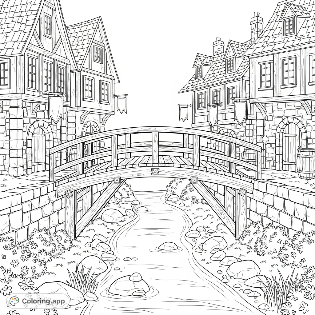 Step into a historical landscape with this detailed coloring page. A sturdy wooden bridge crosses a gentle river, flanked by charming medieval buildings.
