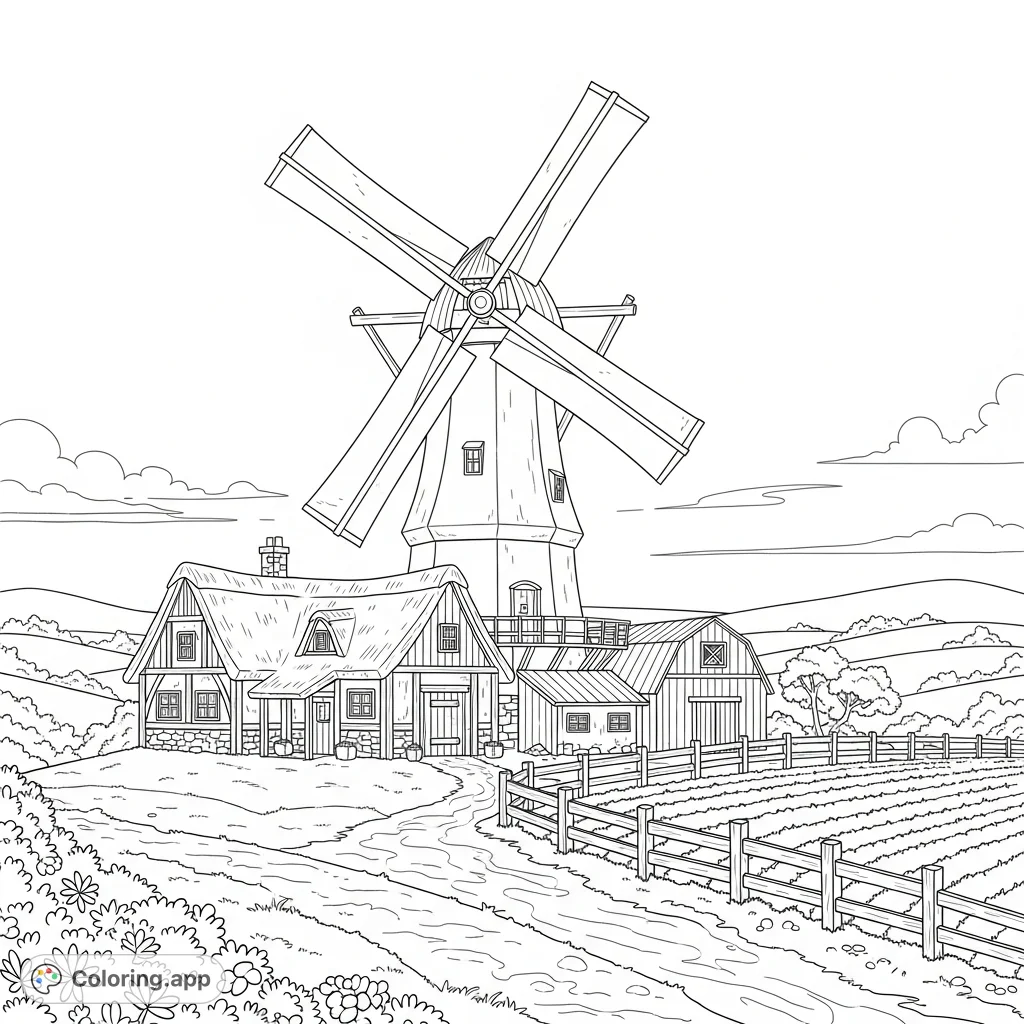 A detailed coloring page featuring a grand windmill standing proudly beside a rustic medieval farmstead, complete with buildings and fields under a clear sky.