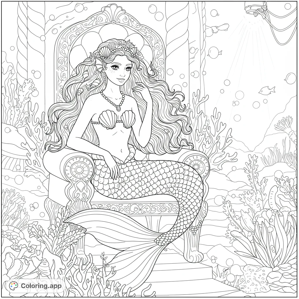 An enchanting mermaid queen on her ornate throne, surrounded by intricate coral and playful fish in a magical underwater kingdom. Perfect for fantasy lovers!