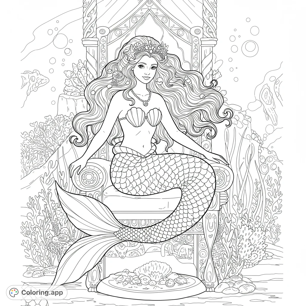 A majestic mermaid queen on an ornate underwater throne, surrounded by intricate coral and sea life, offering a magical coloring adventure.