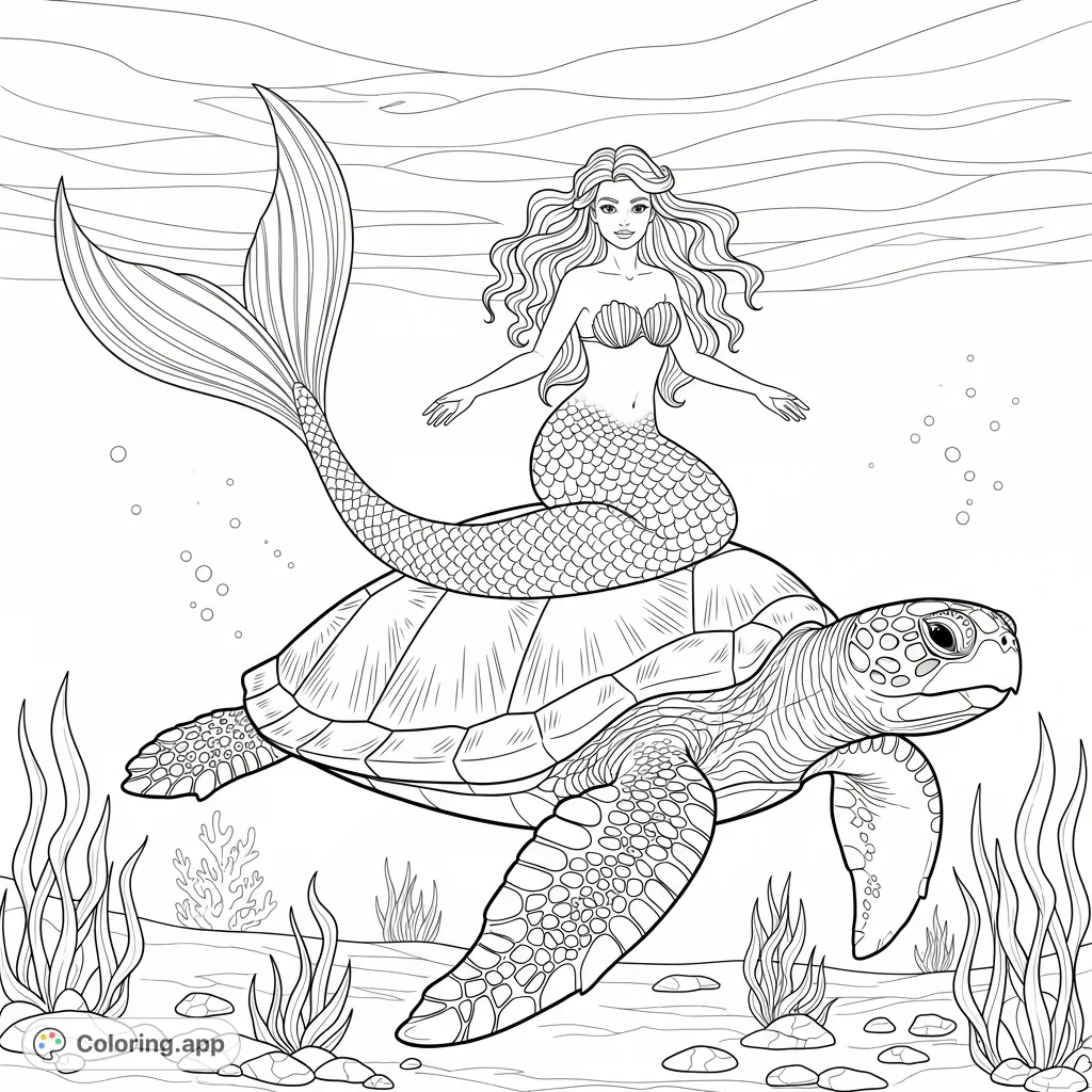 A magnificent mermaid gracefully rides a giant sea turtle through the tranquil ocean depths, surrounded by gentle currents and subtle underwater flora.