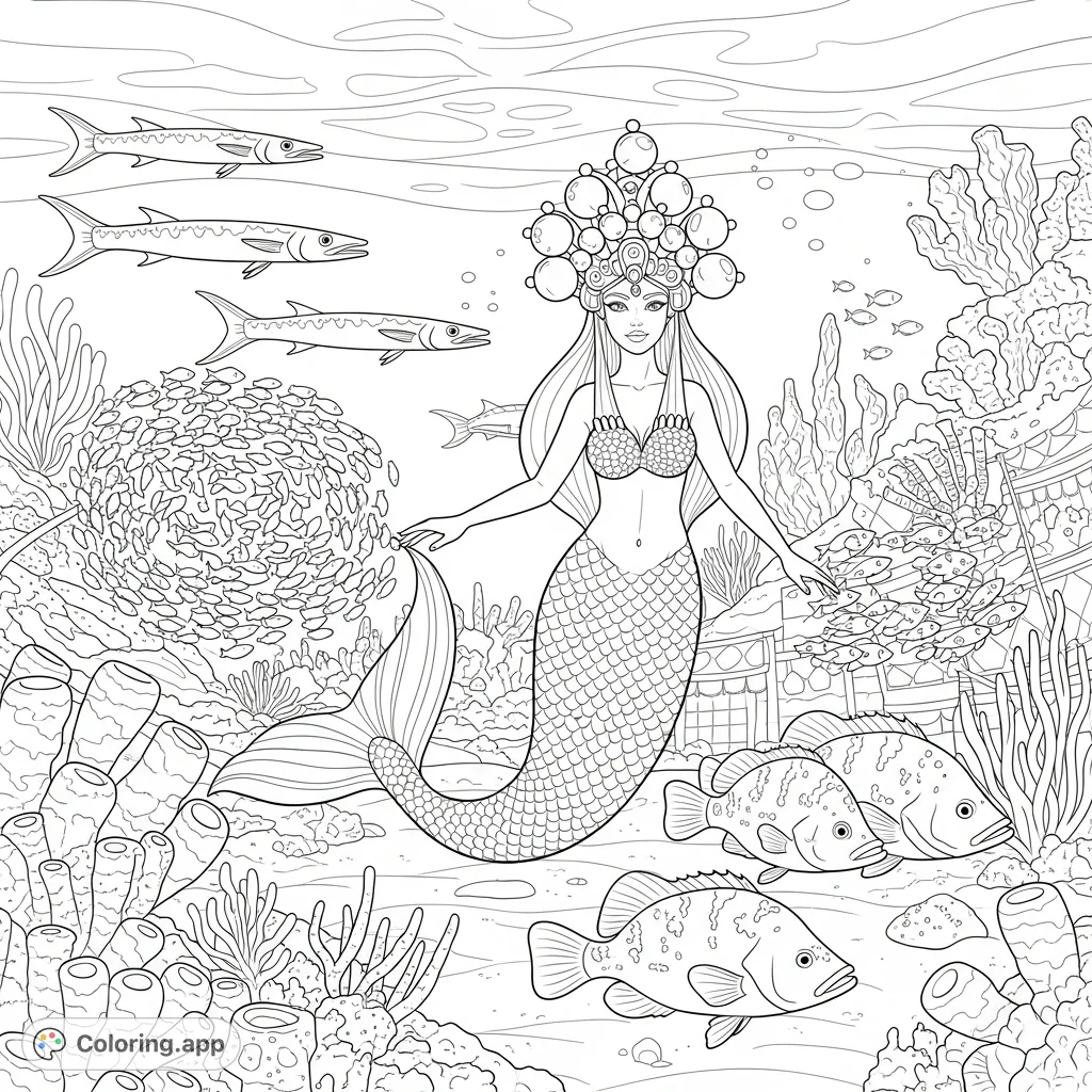 A majestic mermaid with a pearl crown gracefully floats in a bustling underwater marketplace, observing diverse fish and intricate schools of neon tetras amidst sea plants.