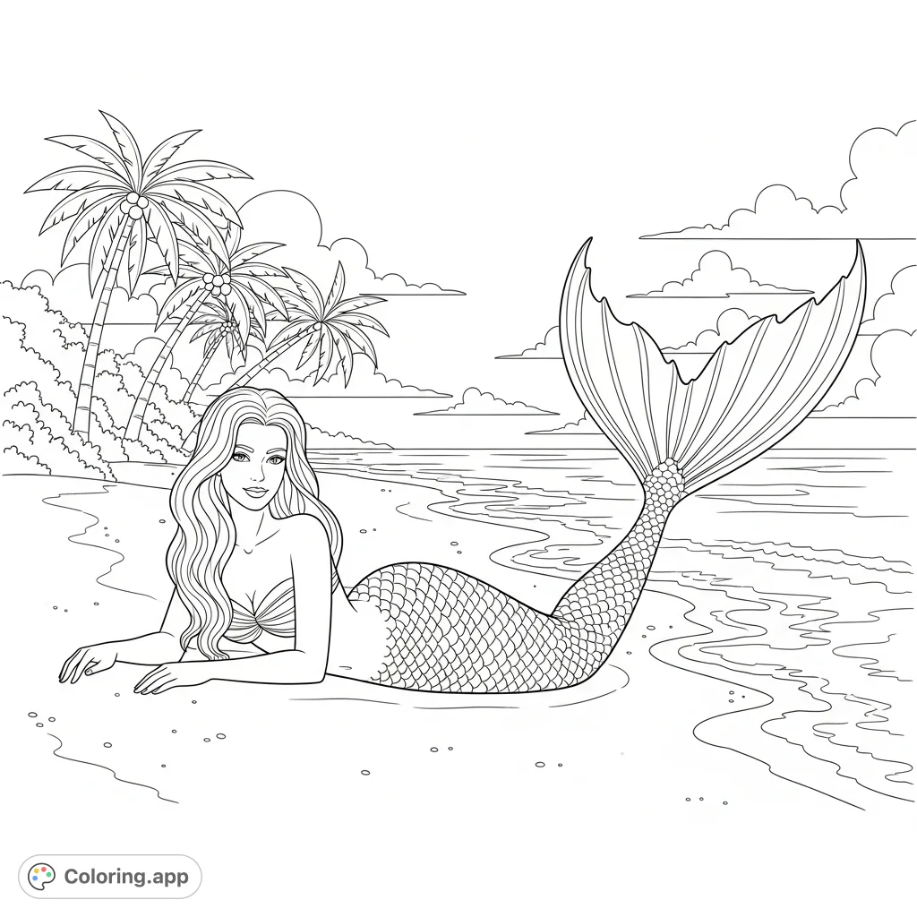 A graceful mermaid relaxes on a sun-kissed sandy beach, her detailed tail glistening as gentle waves softly lap near her, under a sky with distant clouds.