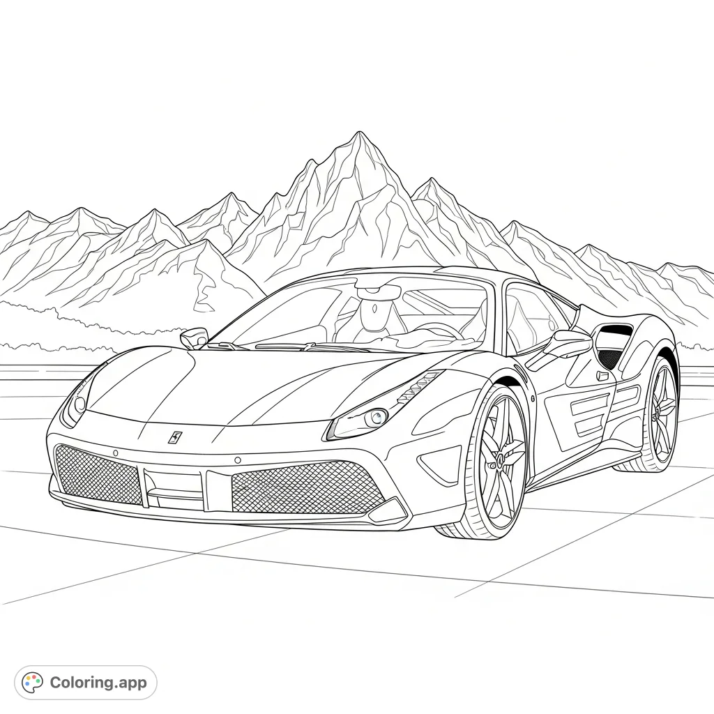 A powerful mid-engine sports coupe, inspired by classic Italian design, parked before grand mountains. Features bold lines and simplified details for an exciting coloring experience.