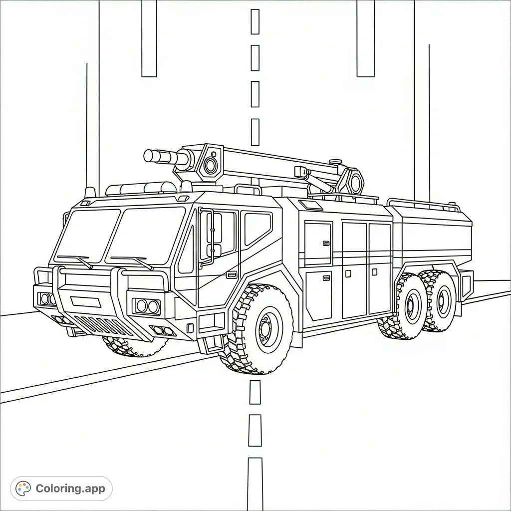 Color a powerful airport crash-rescue truck with a reinforced bumper and emergency lights, set against a backdrop of simplified airport runway markings.