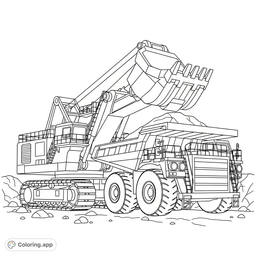 A powerful mining shovel loads a large haul truck, depicted with bold, simplified shapes for an engaging and educational coloring experience.