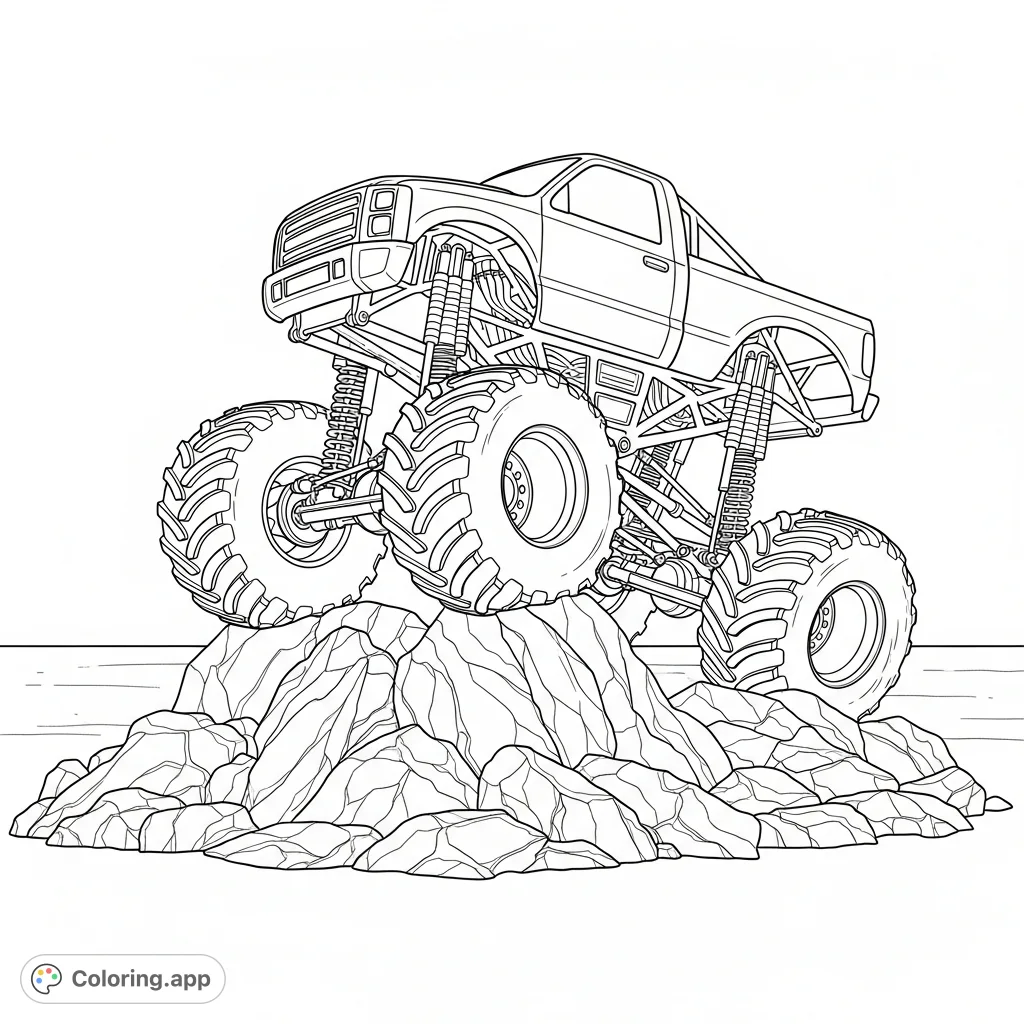 A powerful monster truck with a tall suspension system flexing dynamically on a challenging rock pile. Intricate details of its robust design and off-road prowess are ready to be colored.