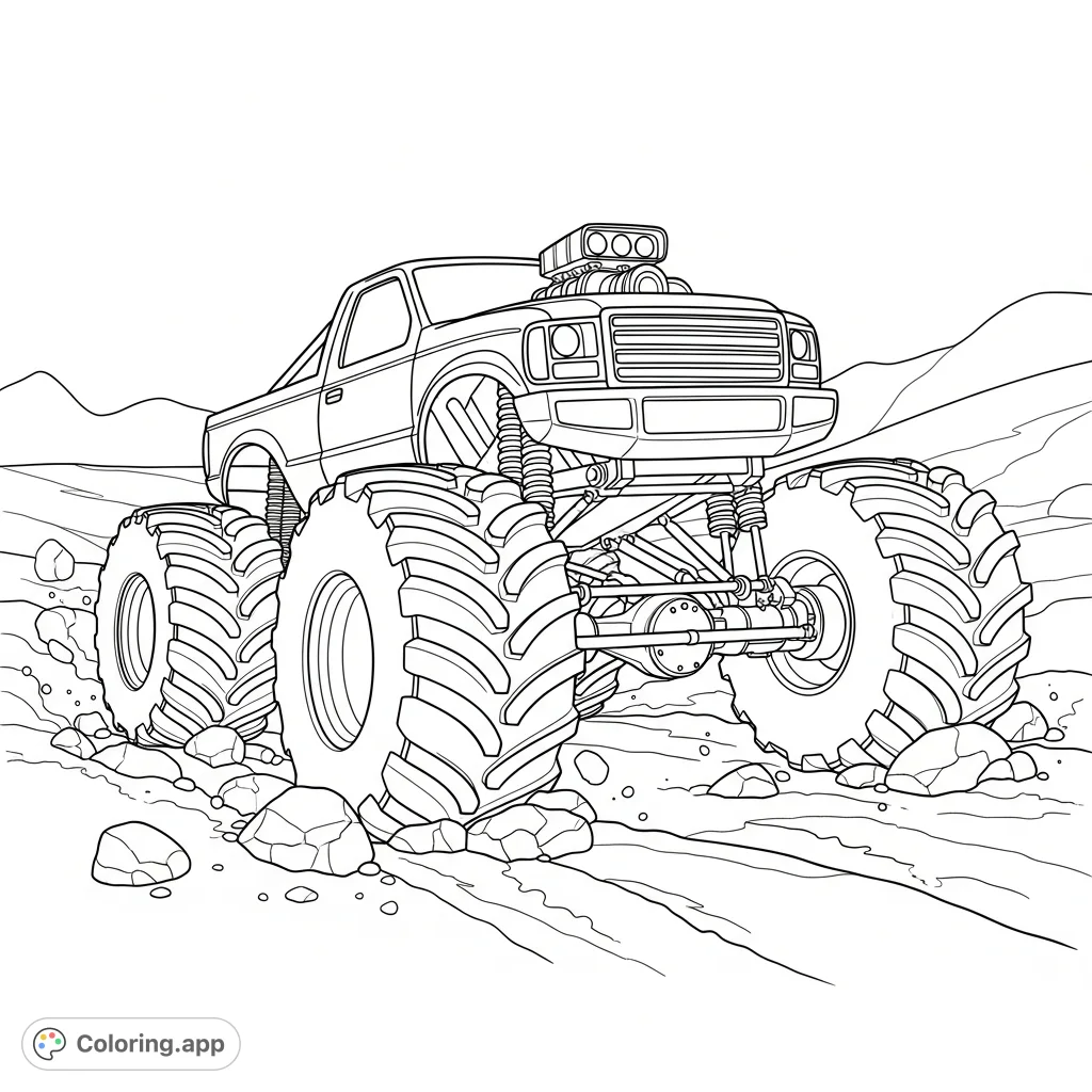 A powerful monster truck tackles rugged, uneven terrain with exaggerated suspension arms and huge tires, ready for an exciting coloring adventure.
