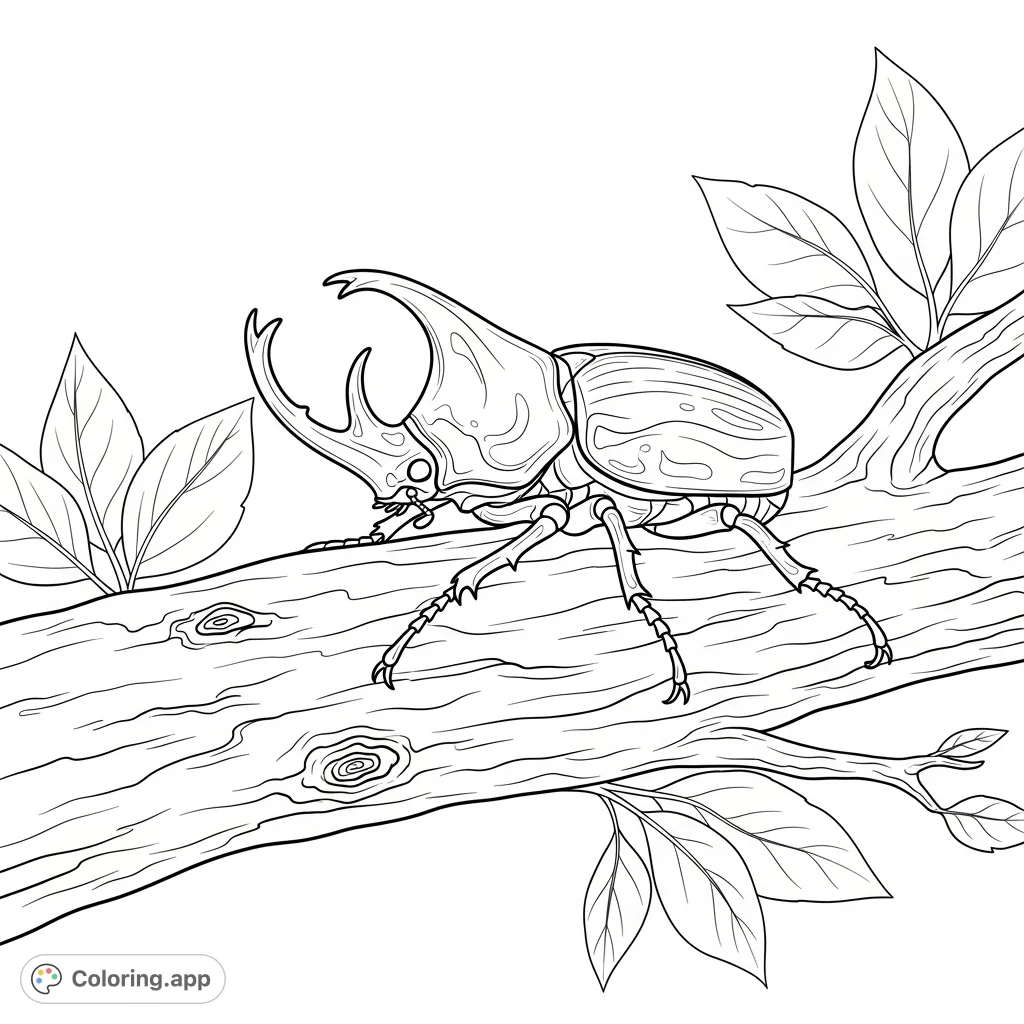 An impressive rhinoceros beetle with a prominent horn and armored body perches on a textured tree branch, surrounded by broad leaves, inviting detailed coloring.