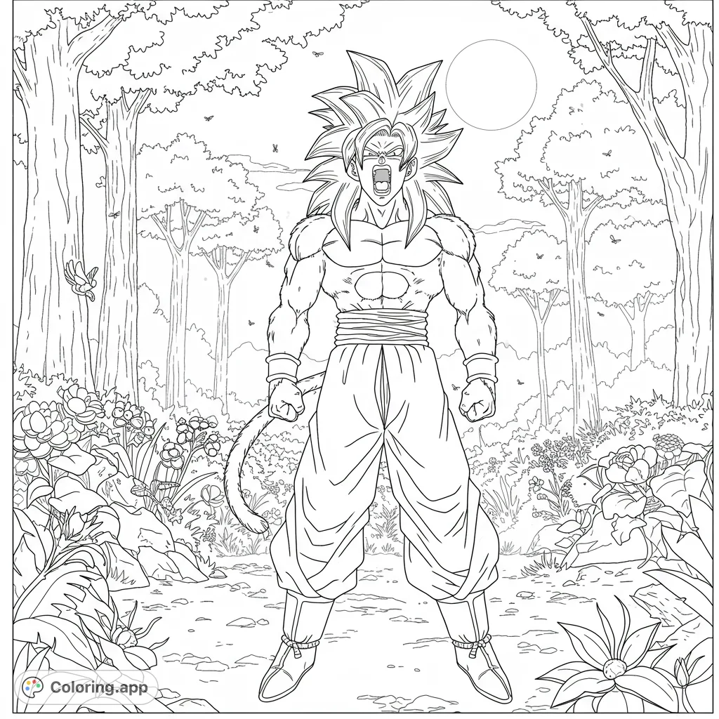 A powerful anime warrior with spiky hair and a tail roars in a lush forest, ready for action. A dynamic free printable coloring page.