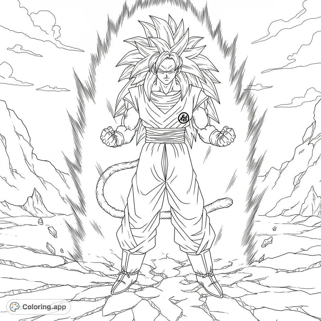 Dynamic anime hero in powerful transformation, surrounded by energy, ready for action. A thrilling free printable coloring page for fans.