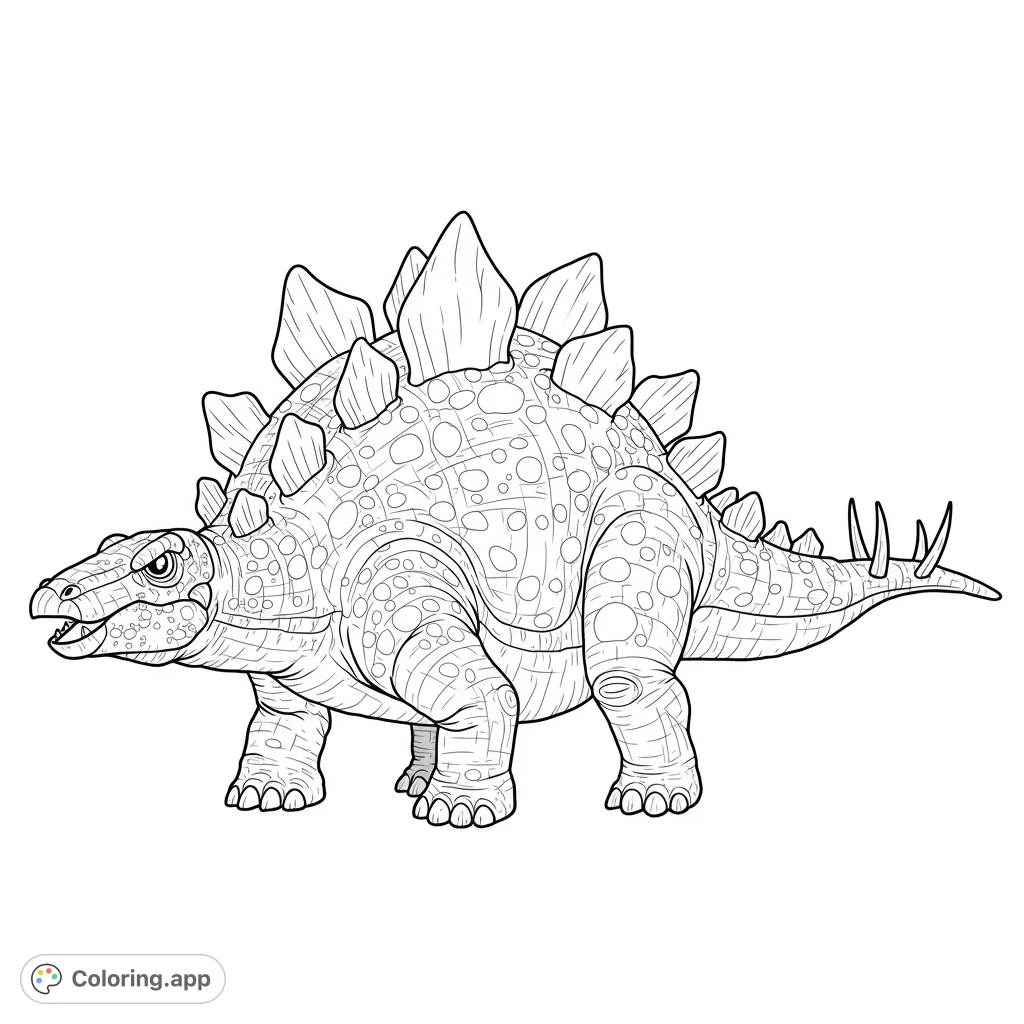 A detailed Stegosaurus coloring page featuring its iconic back plates, spiked tail, and textured skin, perfect for dinosaur enthusiasts.