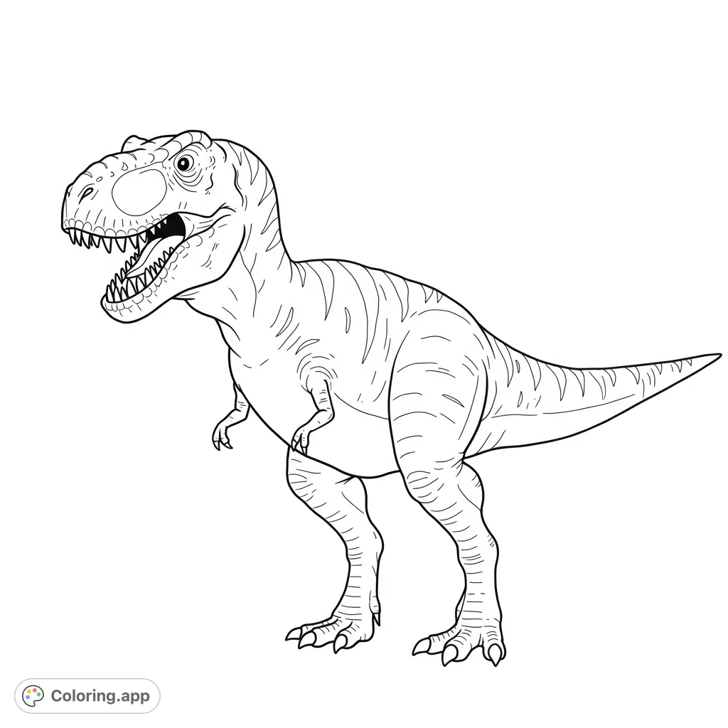 A powerful Tyrannosaurus Rex stands roaring, showcasing intricate scales and sharp teeth. A thrilling dinosaur coloring page for all ages.