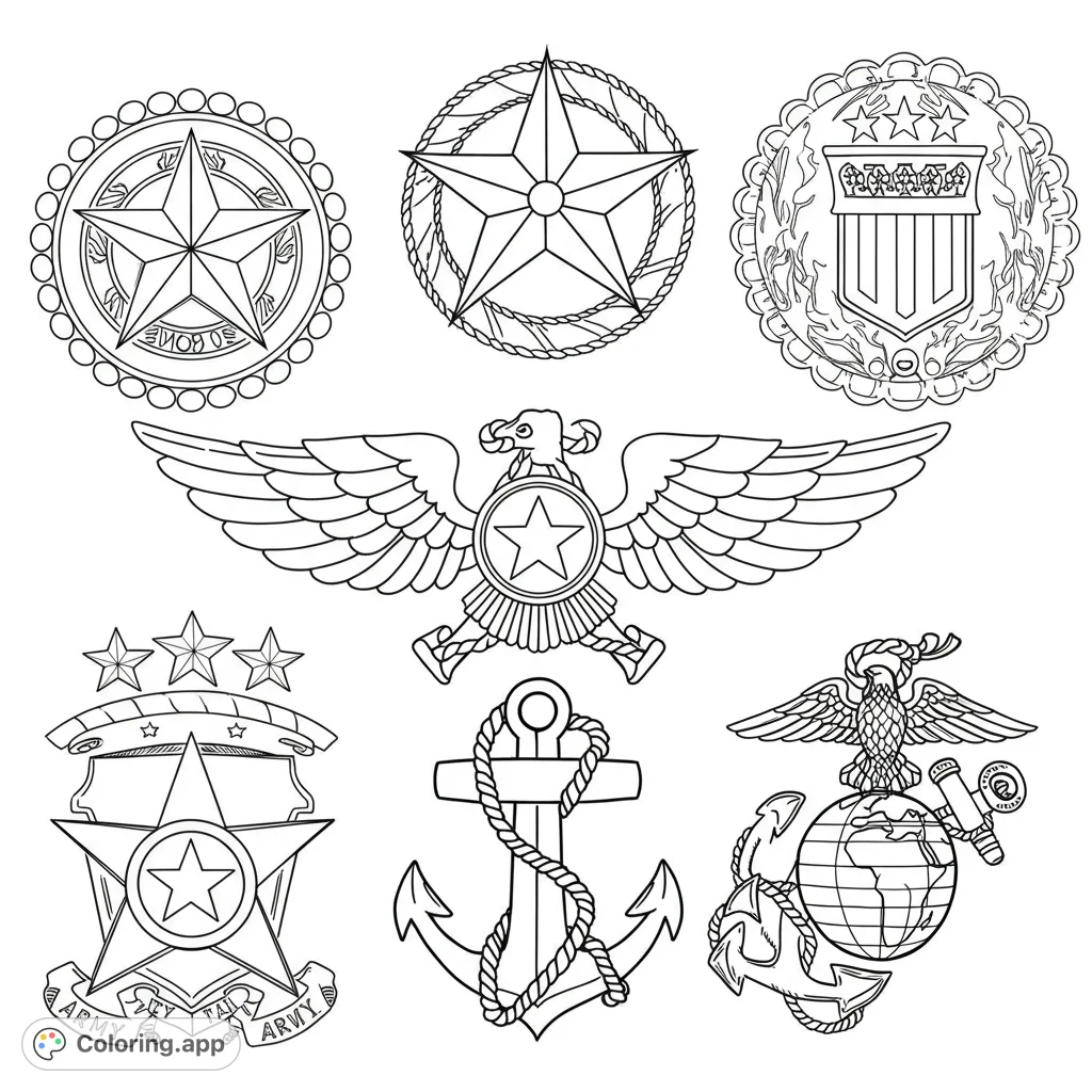 Explore a collection of detailed military emblems, including eagles, stars, anchors, and shields. A patriotic free printable coloring page for all ages.