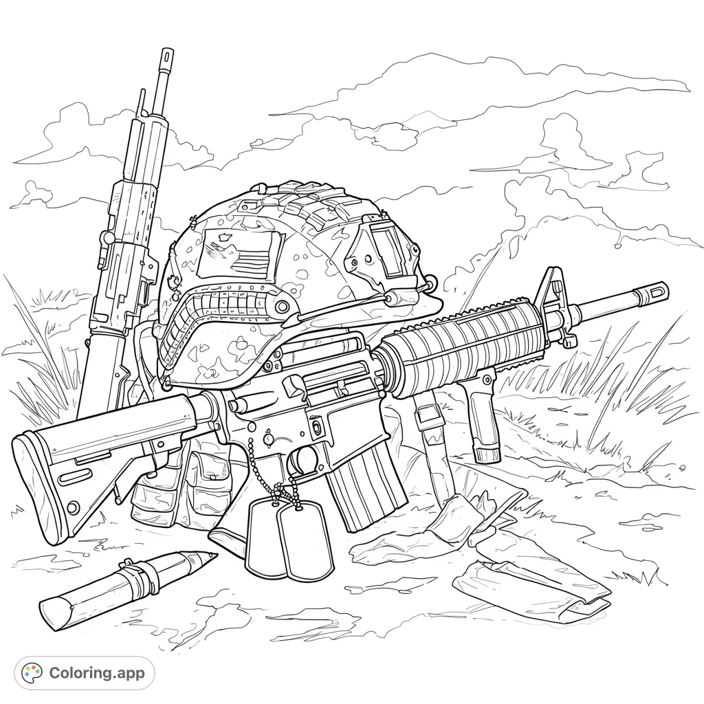 A detailed military gear coloring page featuring a combat helmet, two rifles, dog tags, and a bullet casing on the ground, perfect for patriotic themes.