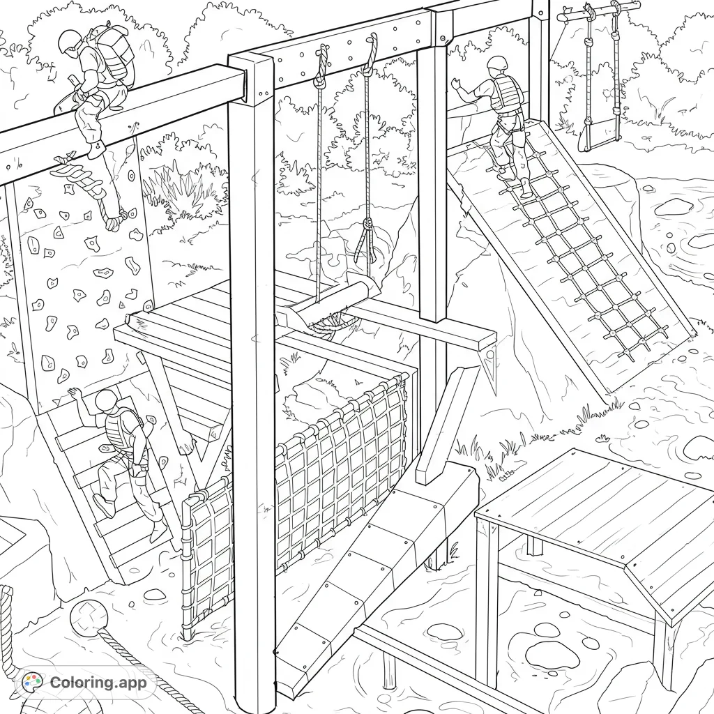 Dynamic military obstacle course with soldiers navigating climbing walls, rope ladders, and nets. A challenging adventure for all ages.