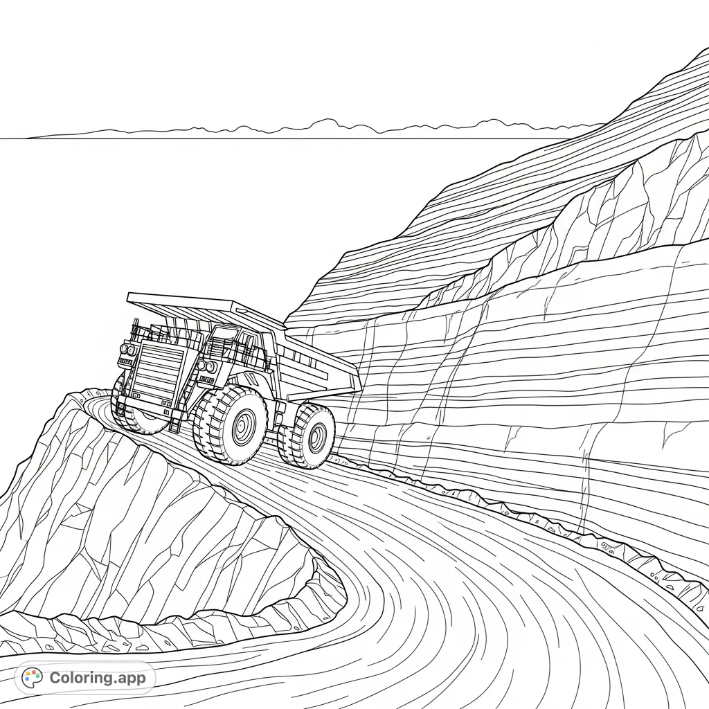 A heavy hauler truck navigates a steep switchback road on a rugged mine wall, depicting an industrial scene with minimal horizon.