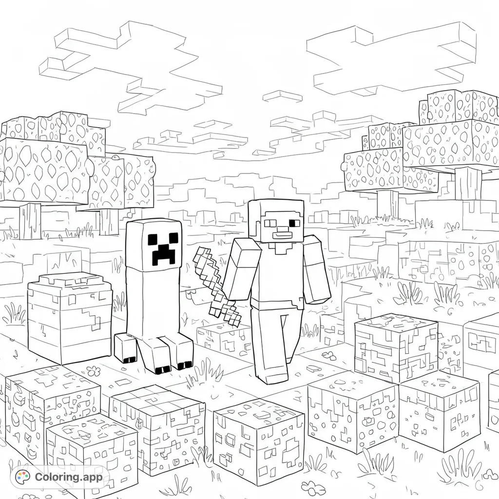 An exciting Minecraft coloring page featuring Steve and a Creeper in a blocky world. A free printable coloring page for kids and adults, perfect for gaming fans!