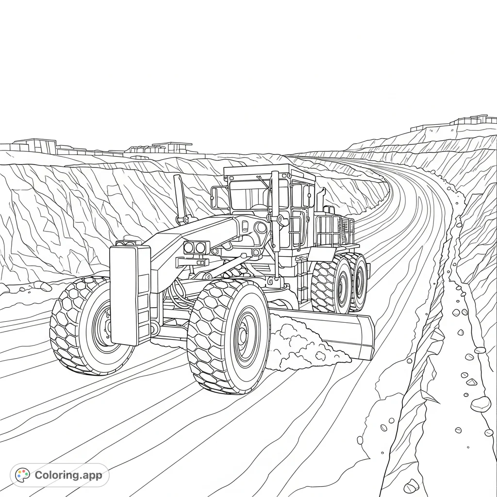 A detailed coloring page featuring a powerful articulated mining grader leveling a wide, dusty haul road amidst rocky terrain and industrial elements.
