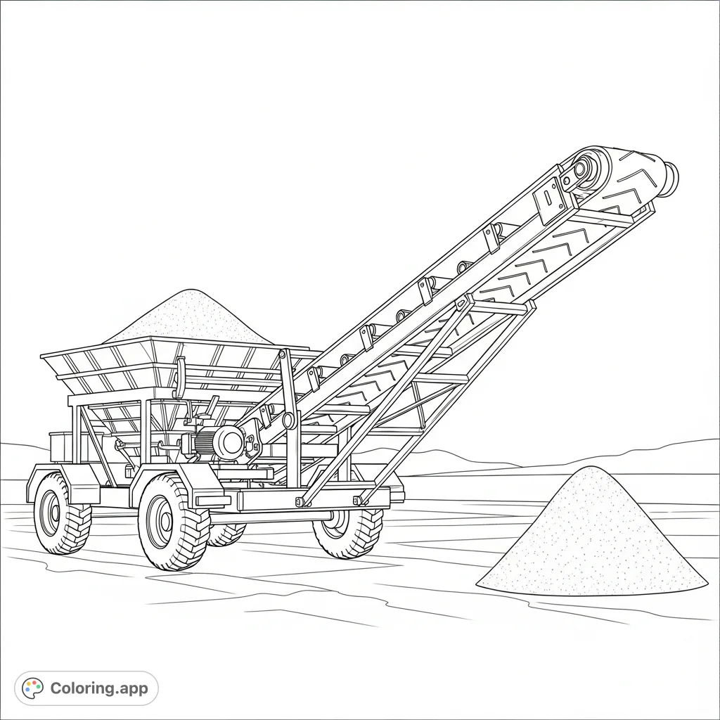 Color a detailed mobile conveyor machine actively transporting granular sand, featuring a simplified belt and robust mechanical elements.