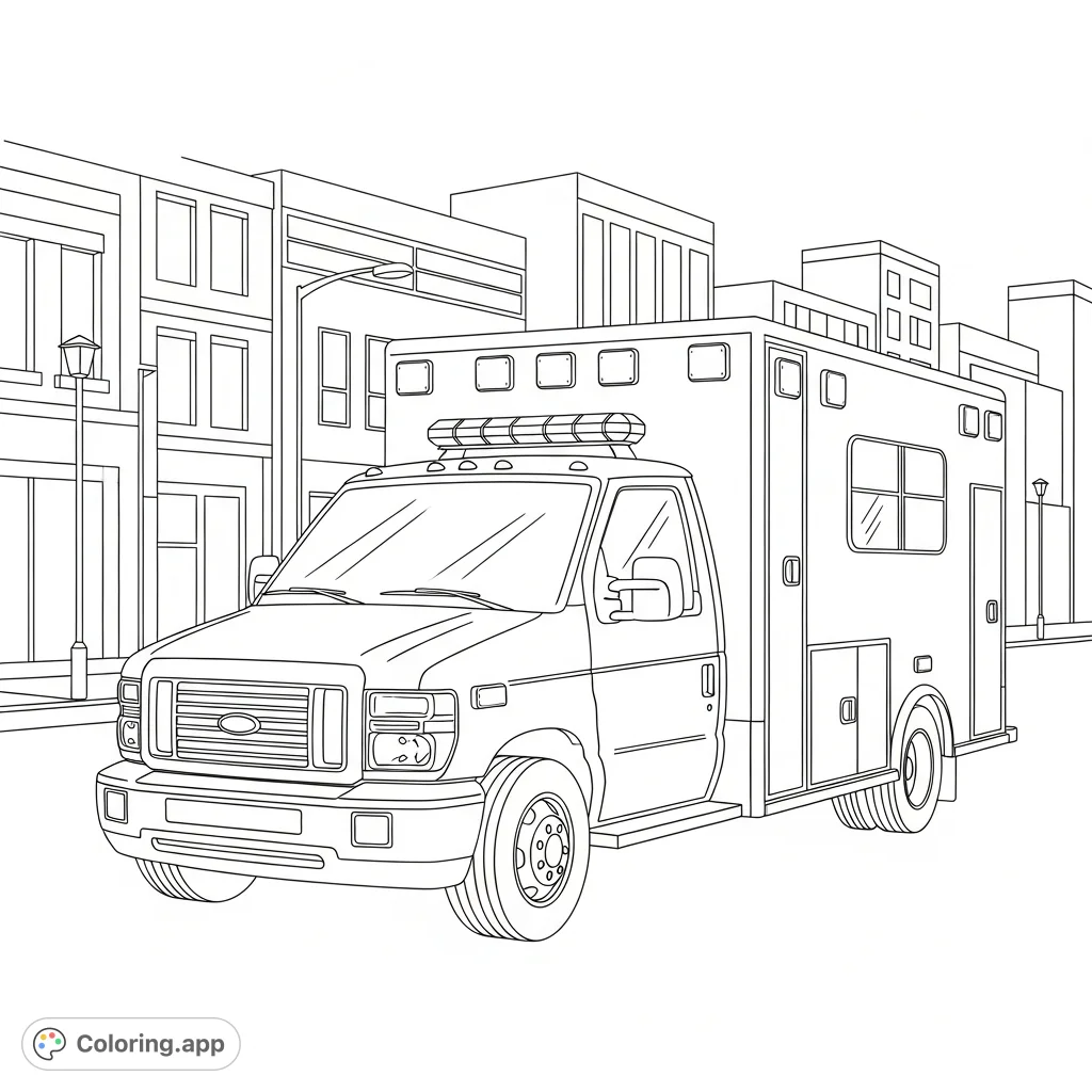 Color a detailed box-style ambulance on a city street. This engaging page features a prominent light bar and a simplified urban background.