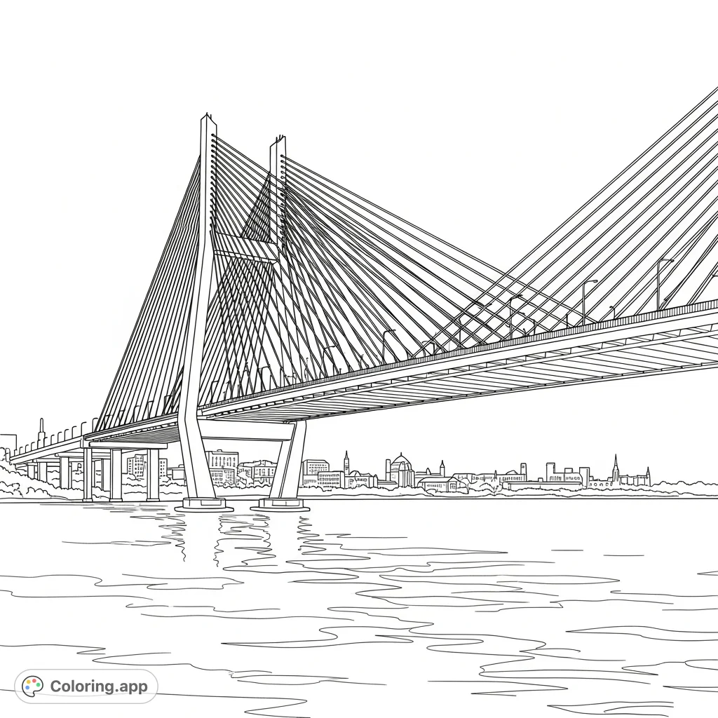 A captivating modern cable-stayed bridge spans a wide river, showcasing bold geometric lines, towering pylons, and intricate cable patterns against a distant city backdrop.