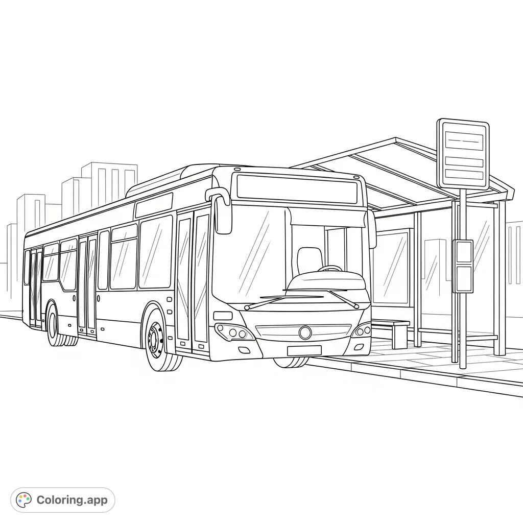 Color a modern city bus with large windows and a streamlined front, parked at a simple bus stop with signage and an urban background.