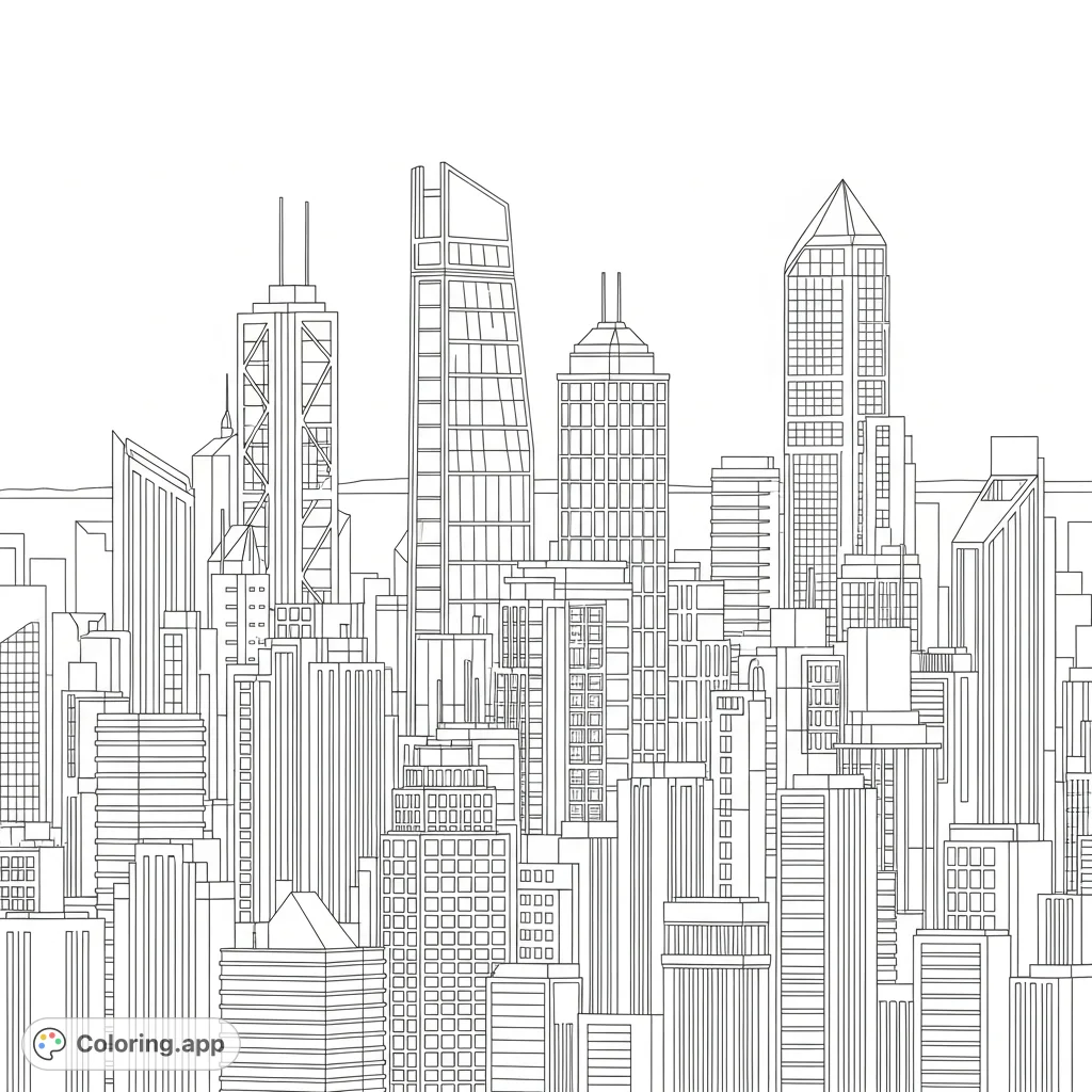 Immerse yourself in a dynamic modern cityscape with towering glass skyscrapers and layered architectural silhouettes, perfect for detailed coloring enthusiasts.