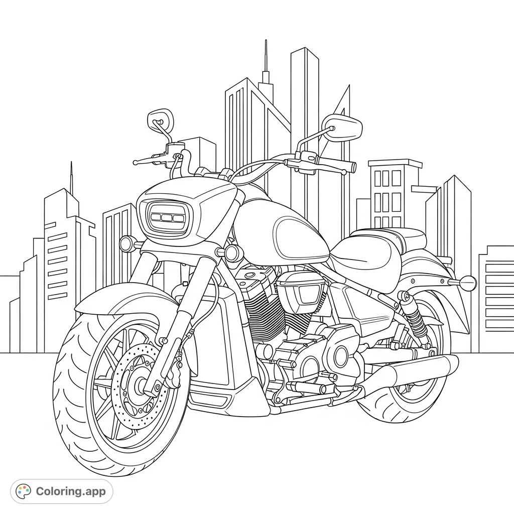 Color a sleek, modern cruiser motorcycle with a simple LED-style headlight against a backdrop of minimal, geometric city buildings. Focus on vehicle details!