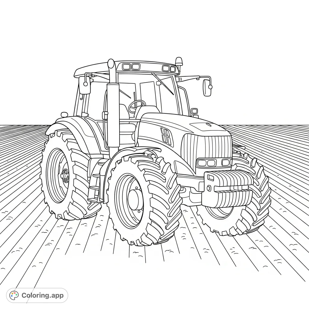 A detailed coloring page featuring a modern farm tractor with large tires and an enclosed cab, parked in a plowed field with simplified furrow lines.