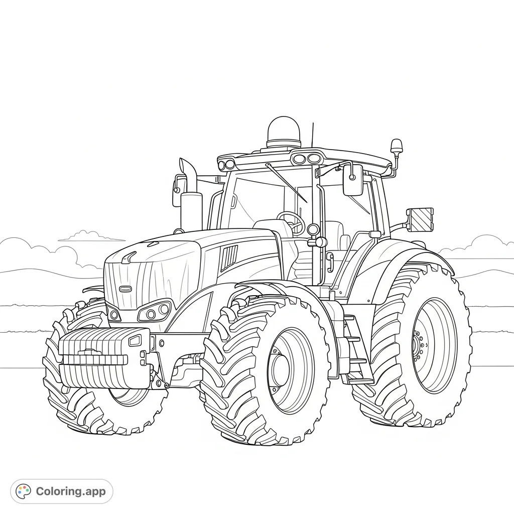 A detailed coloring page featuring a robust, high-tech agricultural tractor with a GPS dome, set against a simple horizon. Perfect for all ages.