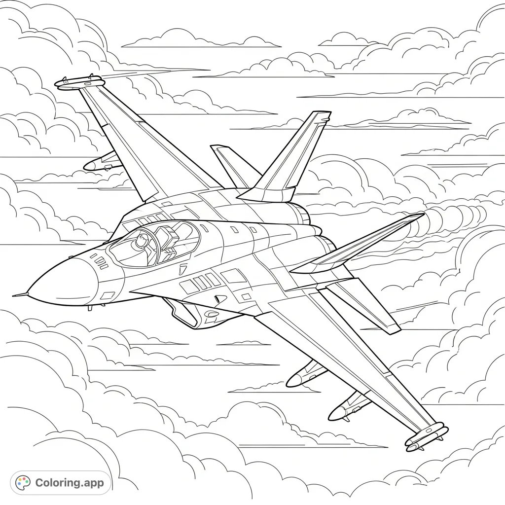 A dynamic coloring page featuring a sleek modern fighter jet banking sharply through swirling clouds, perfect for aviation enthusiasts and detailed coloring.