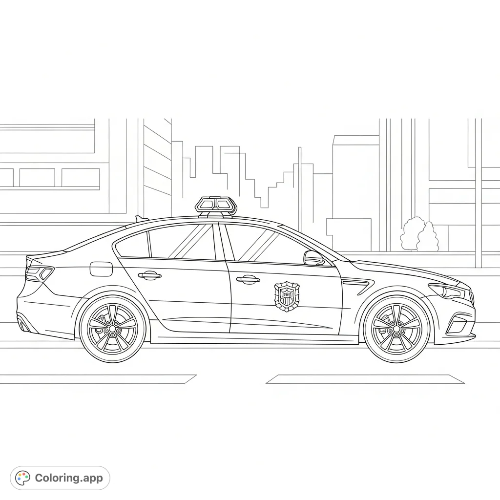 A dynamic coloring page featuring a modern police sedan with flashing lights and subtle motion lines, ready for action on an urban street.