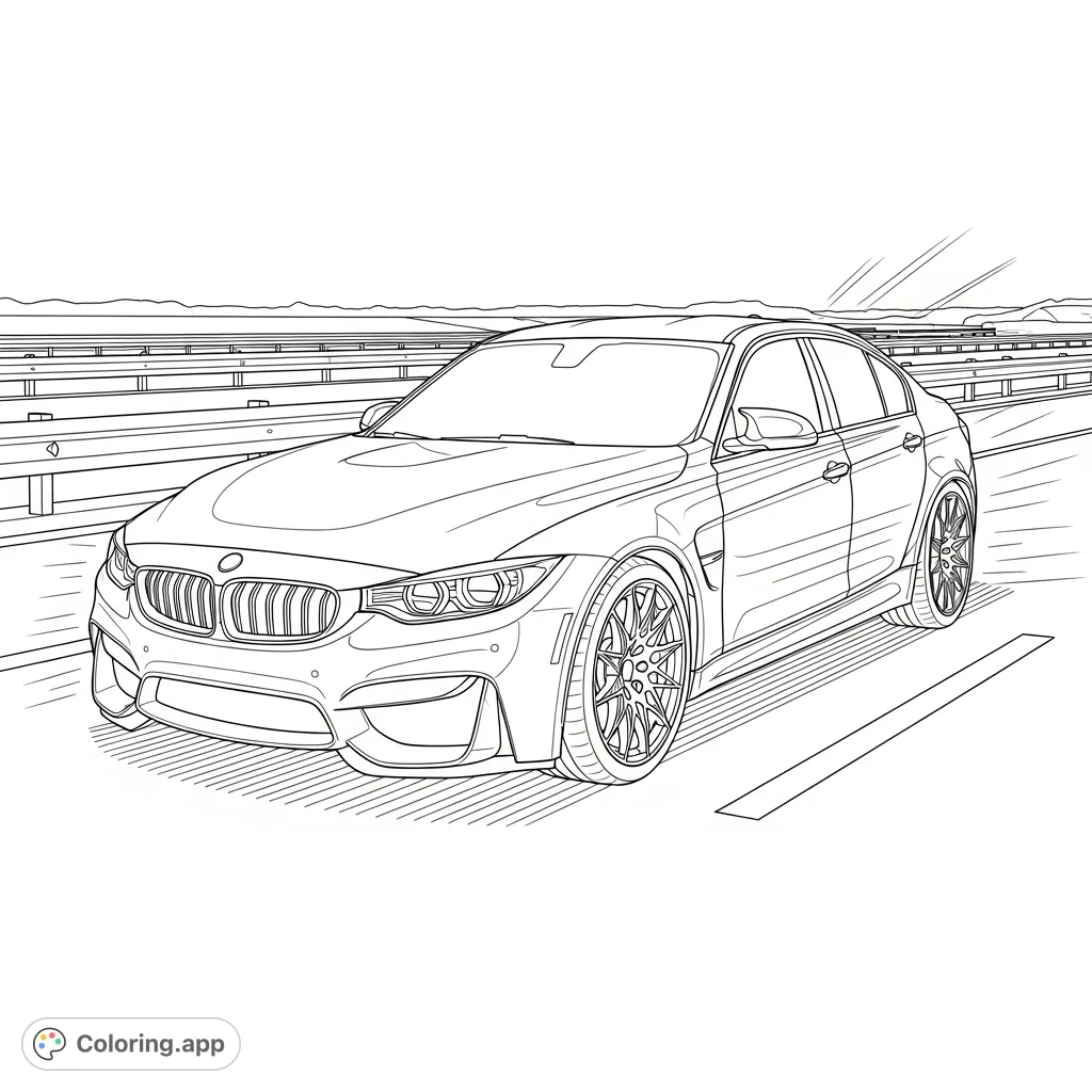 Color a sleek, M3-inspired modern sports sedan speeding down a multi-lane highway, with subtle motion effects conveying dynamic movement and speed.