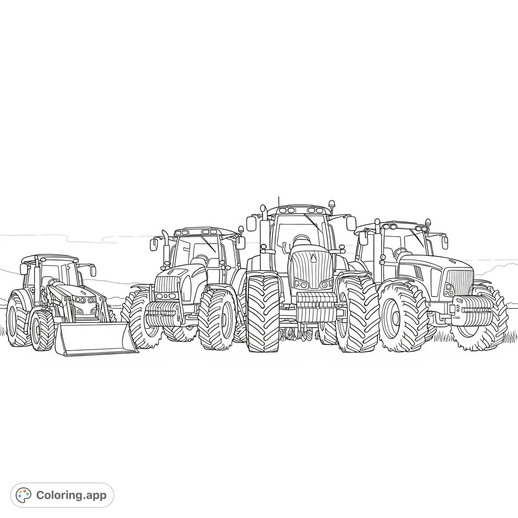 Explore a detailed lineup of four modern tractors: compact, utility, articulated, and high-horsepower, set against a minimal field background.