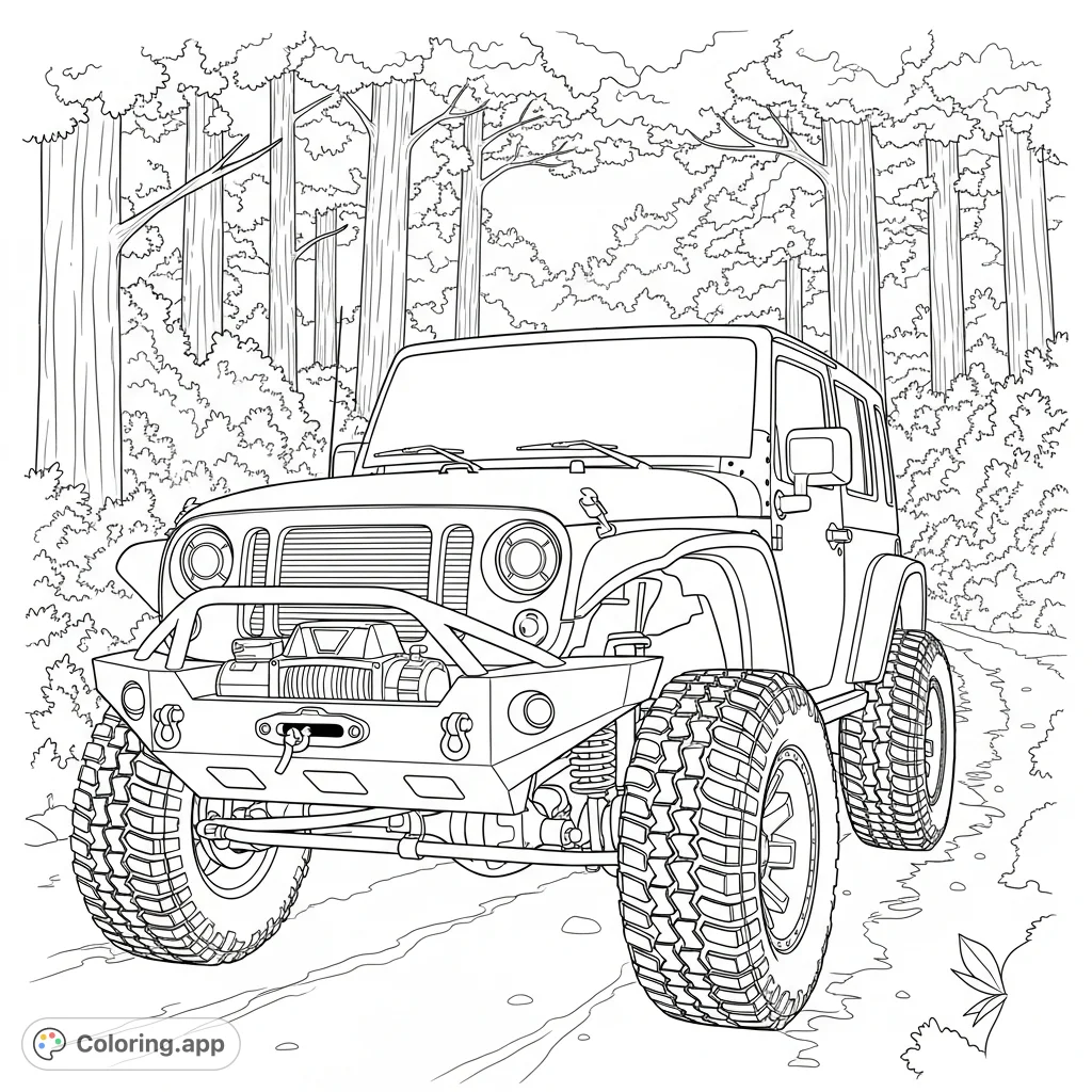 An adventurous, heavily modified Wrangler-style off-road vehicle sits ready for exploration at a dense forest trailhead, featuring a large bumper and winch.