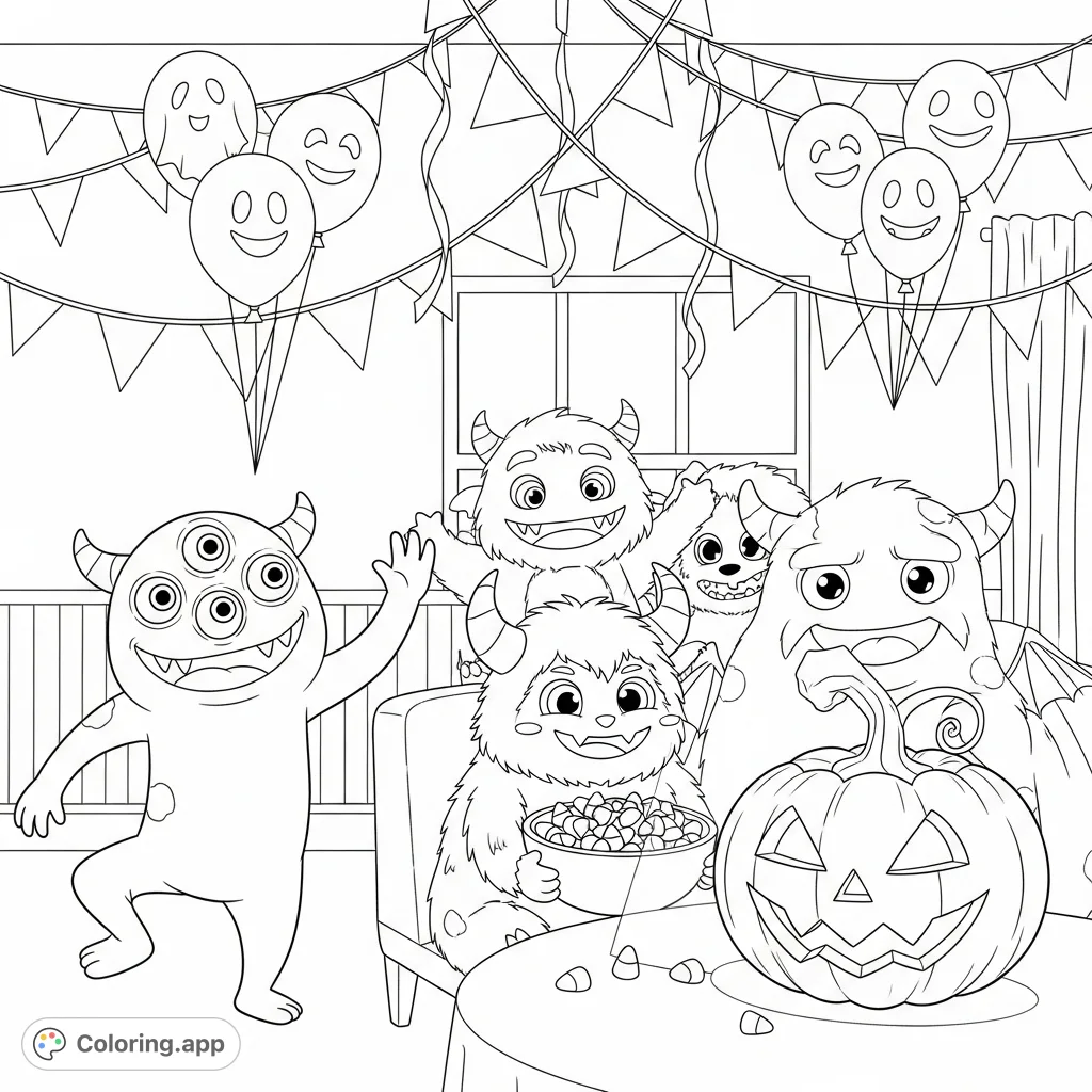 Join friendly, cartoon monsters at a festive party! A three-eyed monster dances, while another shares candy corn under smiling ghost balloons and a glowing jack-o'-lantern.