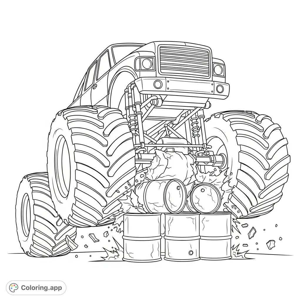 An action-packed coloring page featuring a powerful monster truck crushing a stack of barrels, with minimal debris scattering from the impact.