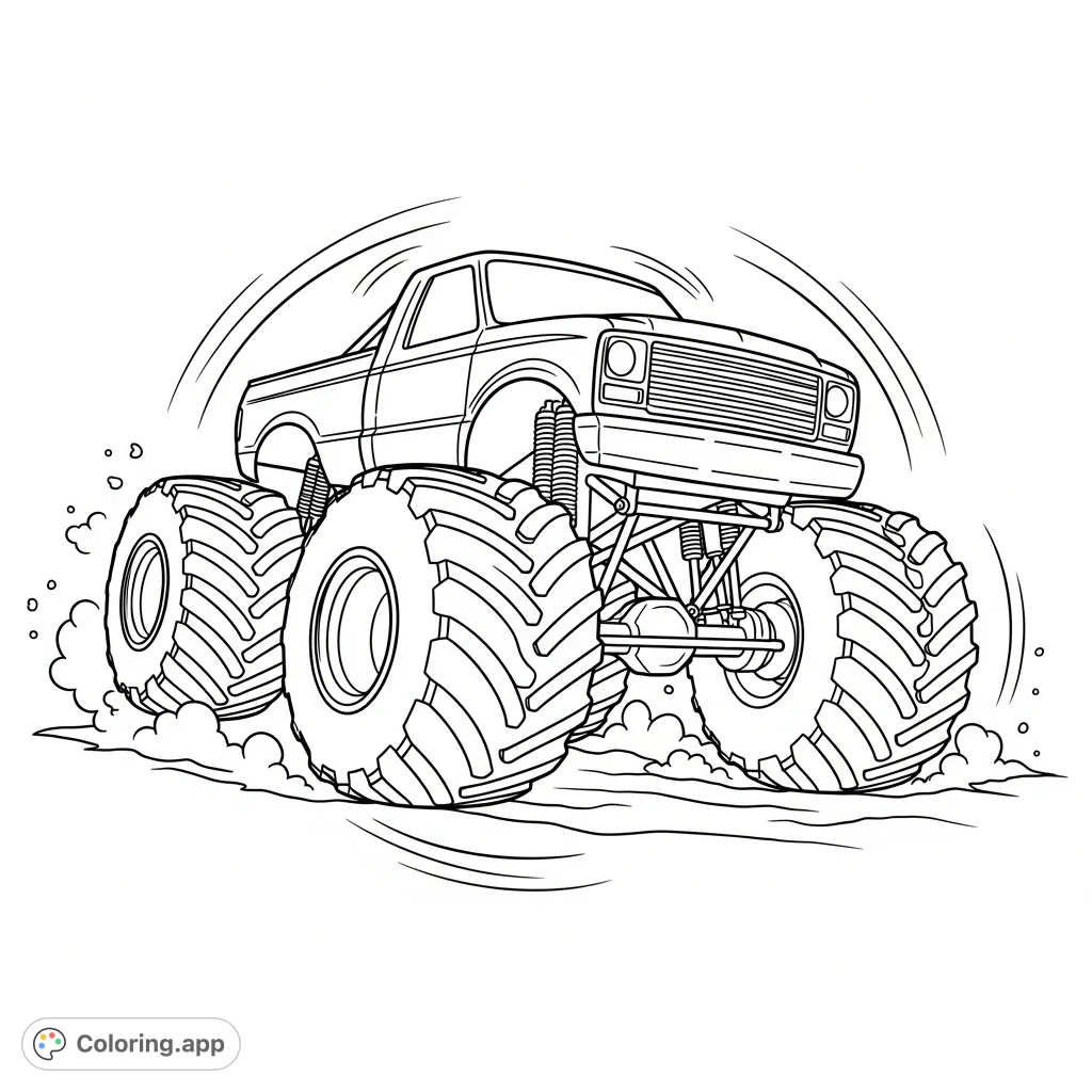 A powerful monster truck performs a dynamic donut, kicking up dirt with sweeping motion lines. Oversized tires and detailed suspension add to the action.