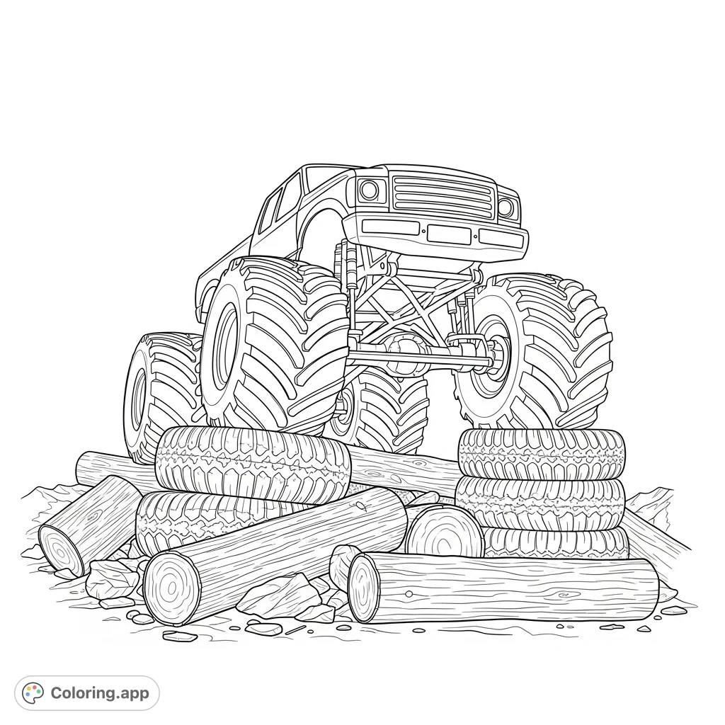 A powerful monster truck navigates a challenging obstacle course filled with stacked tires and scattered logs. Perfect for action-loving colorists!
