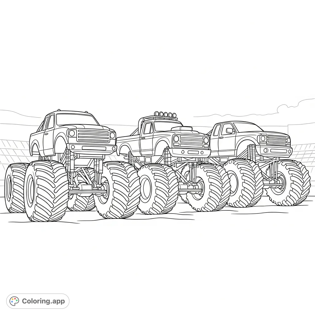 A thrilling lineup of three unique monster trucks, each with massive tires and distinct body designs. Perfect for truck enthusiasts of all ages.