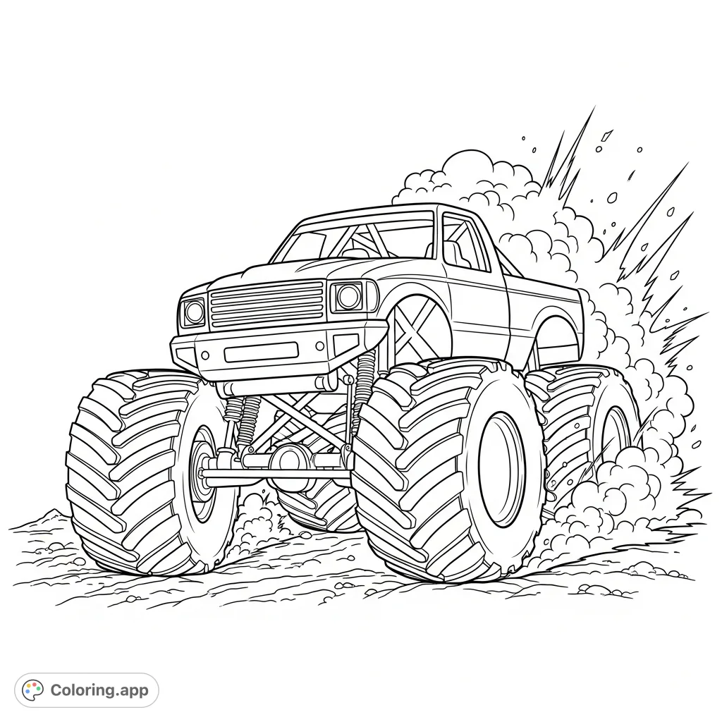 A powerful monster truck executing a dynamic turn, with massive tires angled and a dramatic plume of dirt erupting from behind its spinning wheels.