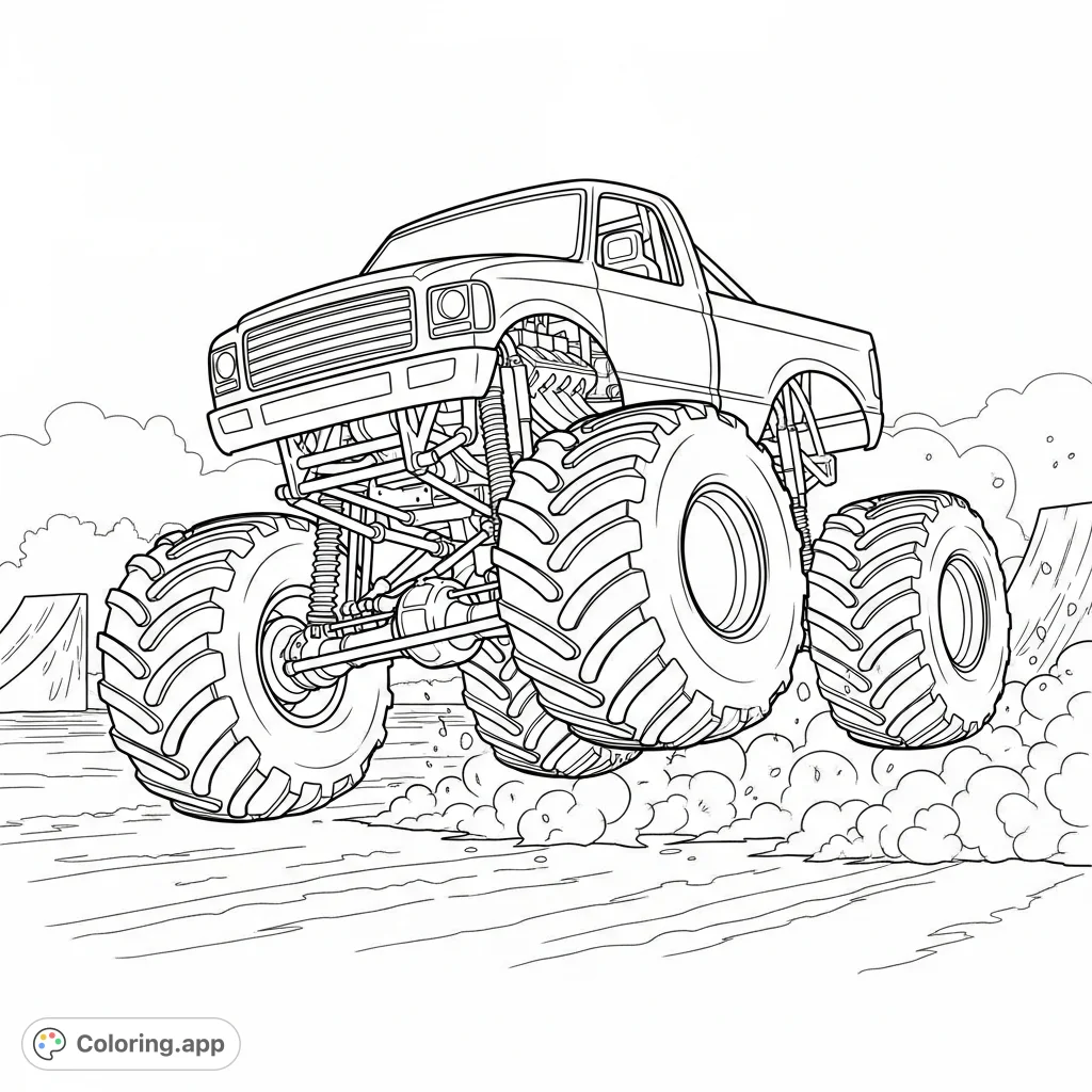 Experience the thrill of a monster truck landing a massive jump. Its powerful suspension is compressed, and dust explodes around its giant tires on a dirt track.