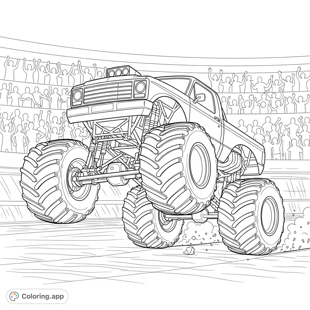 Experience the adrenaline! A monster truck doing an impressive wheelie on a stadium floor, with a cheering crowd in the background.