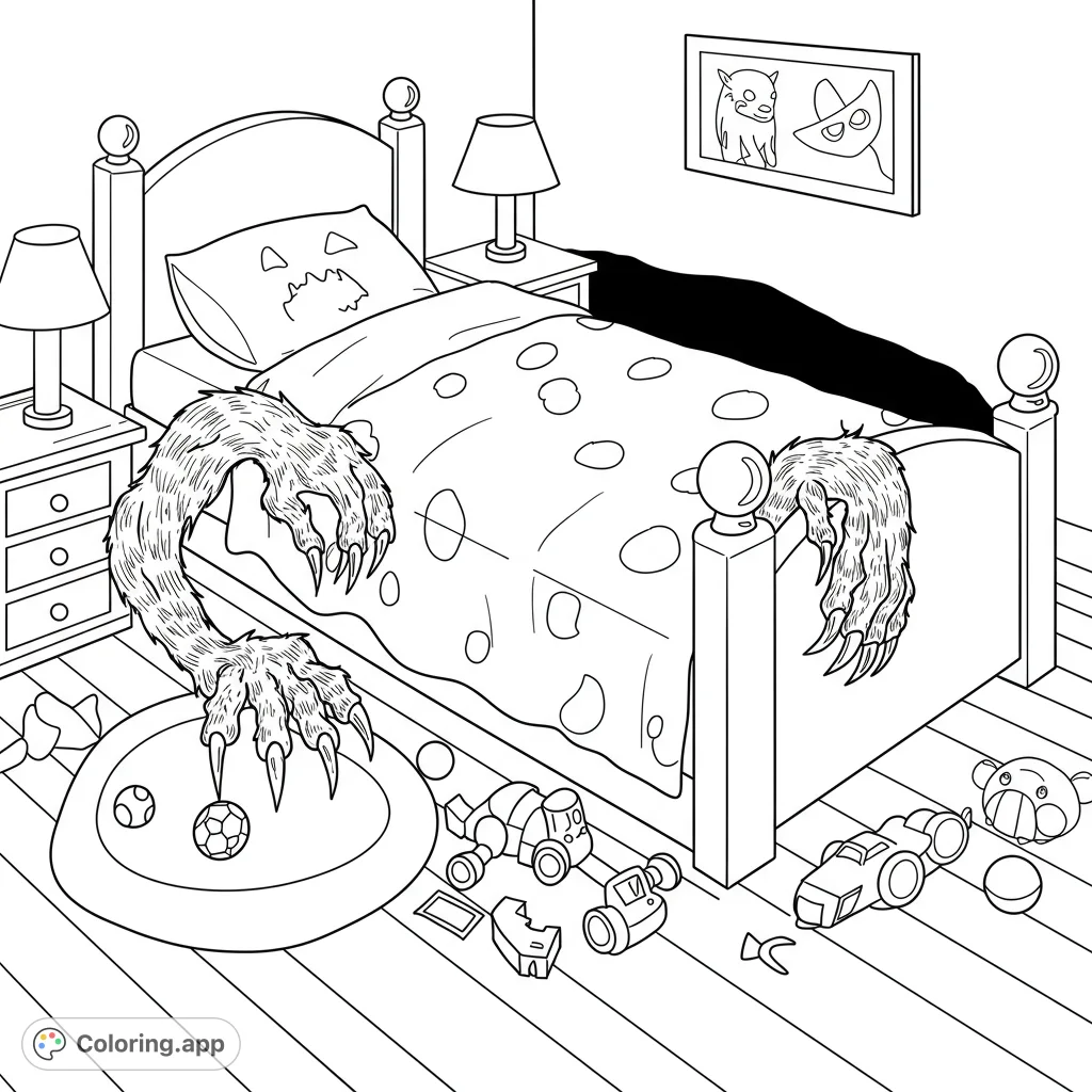A playful monster's furry, clawed arms emerge from under a bed in a child's messy bedroom, ready for a spooky coloring adventure.