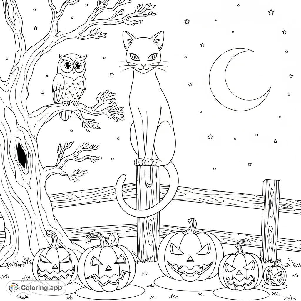 A sleek cat on a fence, an owl in an oak, and glowing jack-o'-lanterns under a crescent moon. A mystical Halloween scene for coloring.