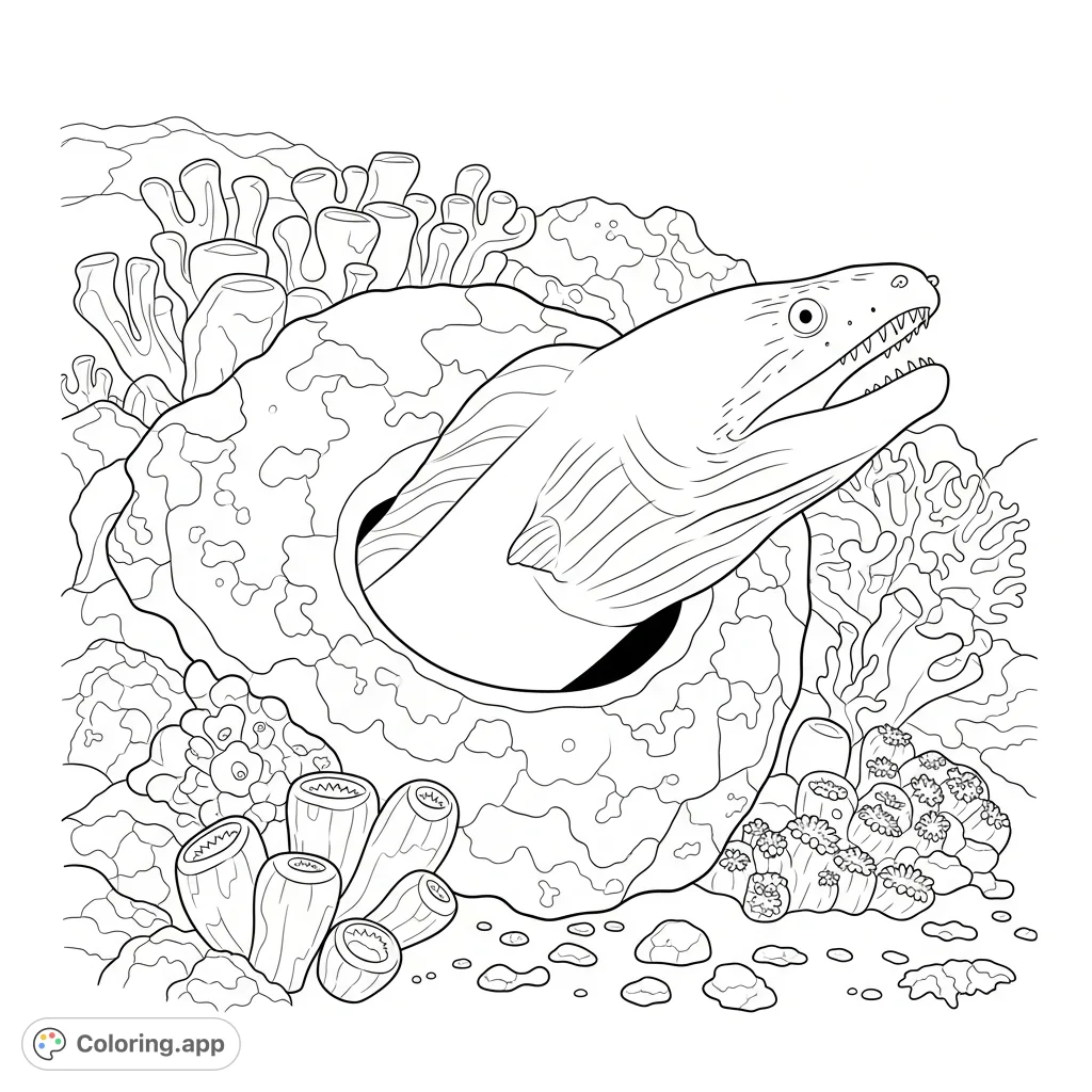 A detailed coloring page featuring a graceful moray eel emerging from a textured coral hole, surrounded by intricate reef structures. Perfect for nature lovers.