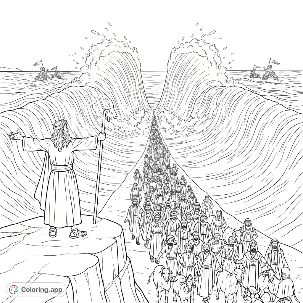 An epic Moses Red Sea coloring page depicting the biblical event with towering water walls, a multitude of people, and distant chariots.