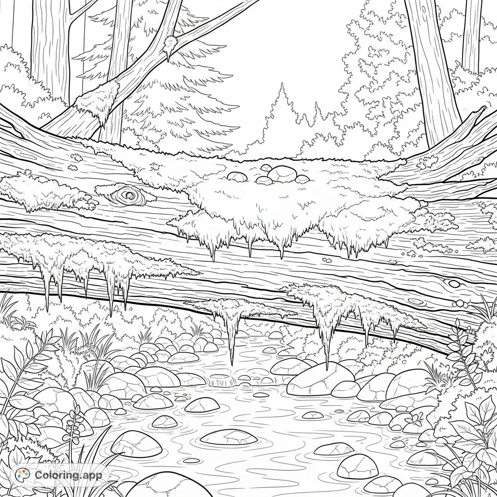 Discover a tranquil woodland scene featuring a mossy fallen tree trunk bridging a clear, gently flowing creek, surrounded by lush forest plants.